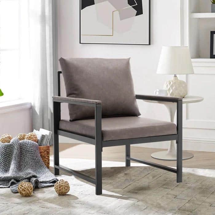 PU Leather Armchair, Modern Retro Leisure Reading Accent Chair with Soft Cushion and Mental Frame for Living Room, Office