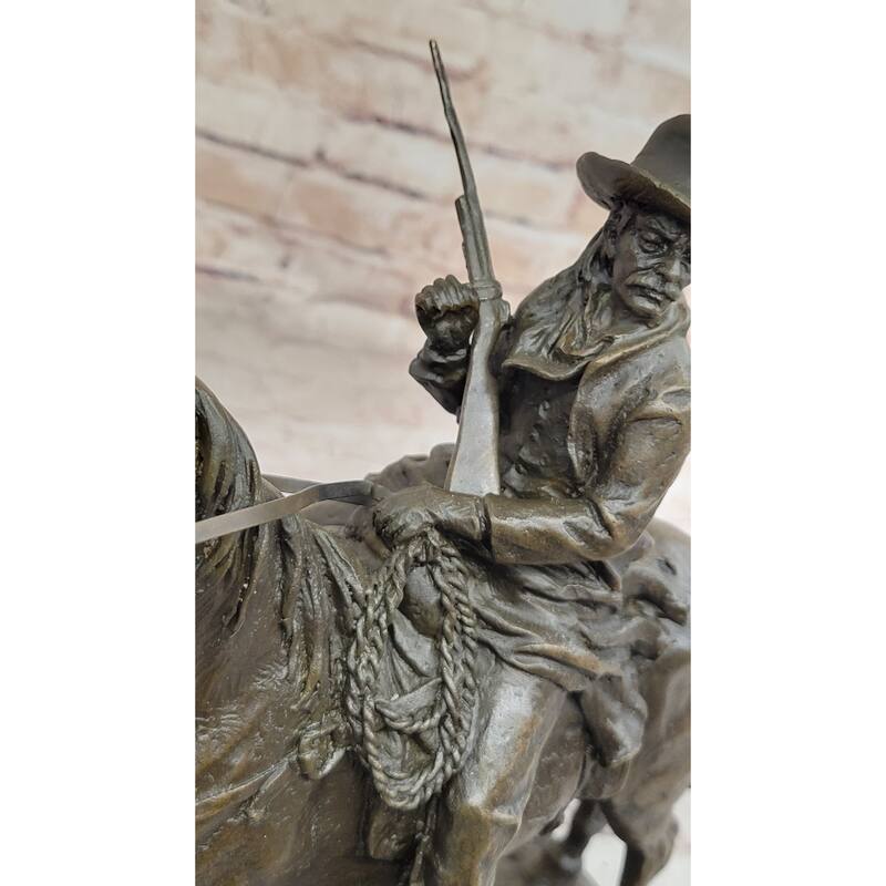 Bronze Remington Tribute Cowboy W/ Rifle Riding Horse Sculpture Statue Marble 12 Inches X 12 Inches