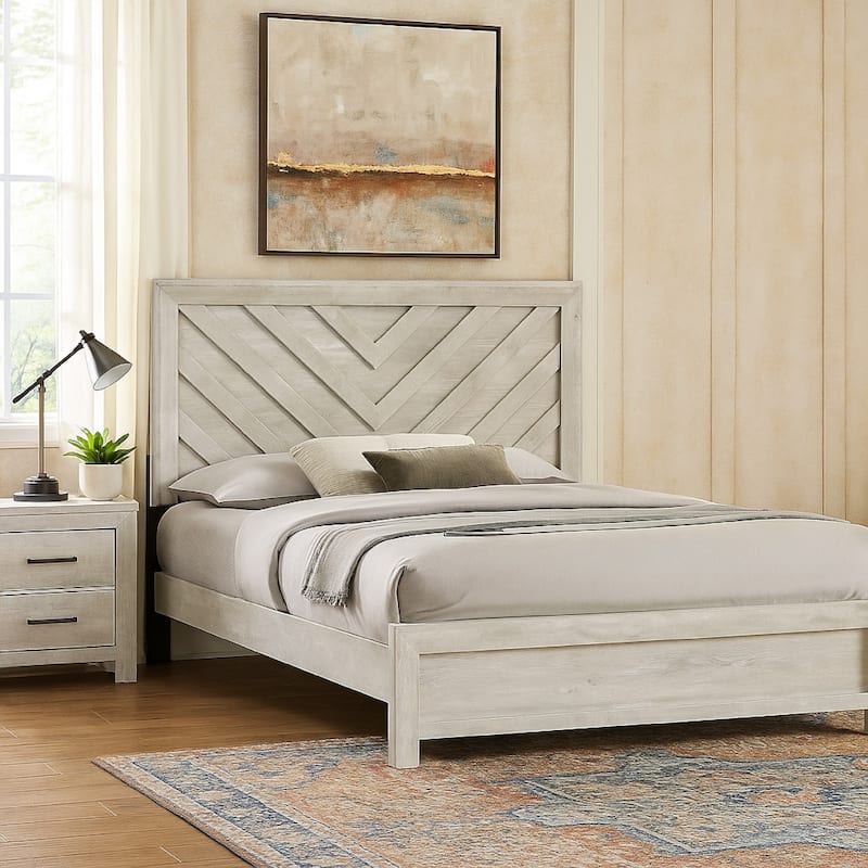 Velz Full Size Bed w Chevron Patterned Headboard, Beige Wood Finish