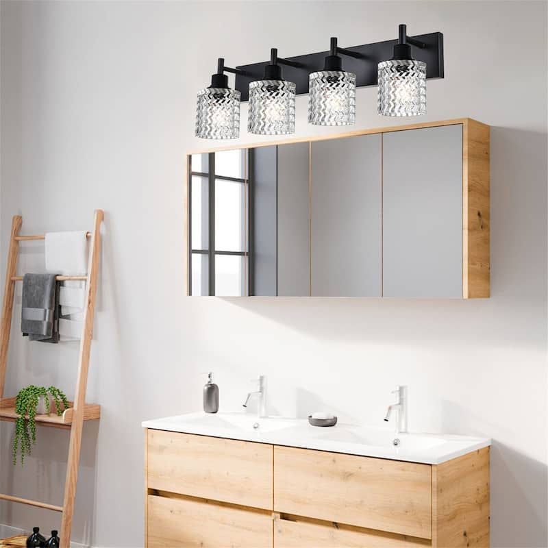 4-Light Industrial Black Wall Sconce with Hammered Glass Shades