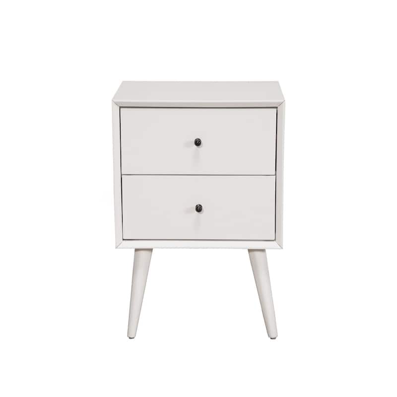 Solid Wood 2-Drawer Square Nightstand with Metal Accents - White