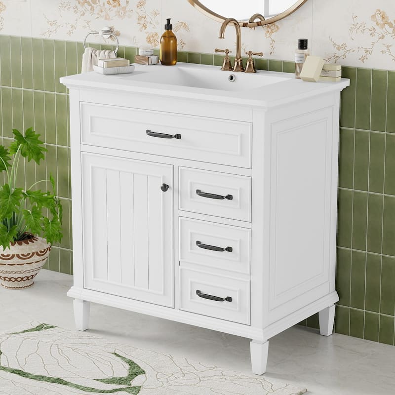 30 Inch Bathroom Vanity with Ceramic Sink Top, Flip Drawers, Freestanding Storage Cabinet (Faucet Not Included)
