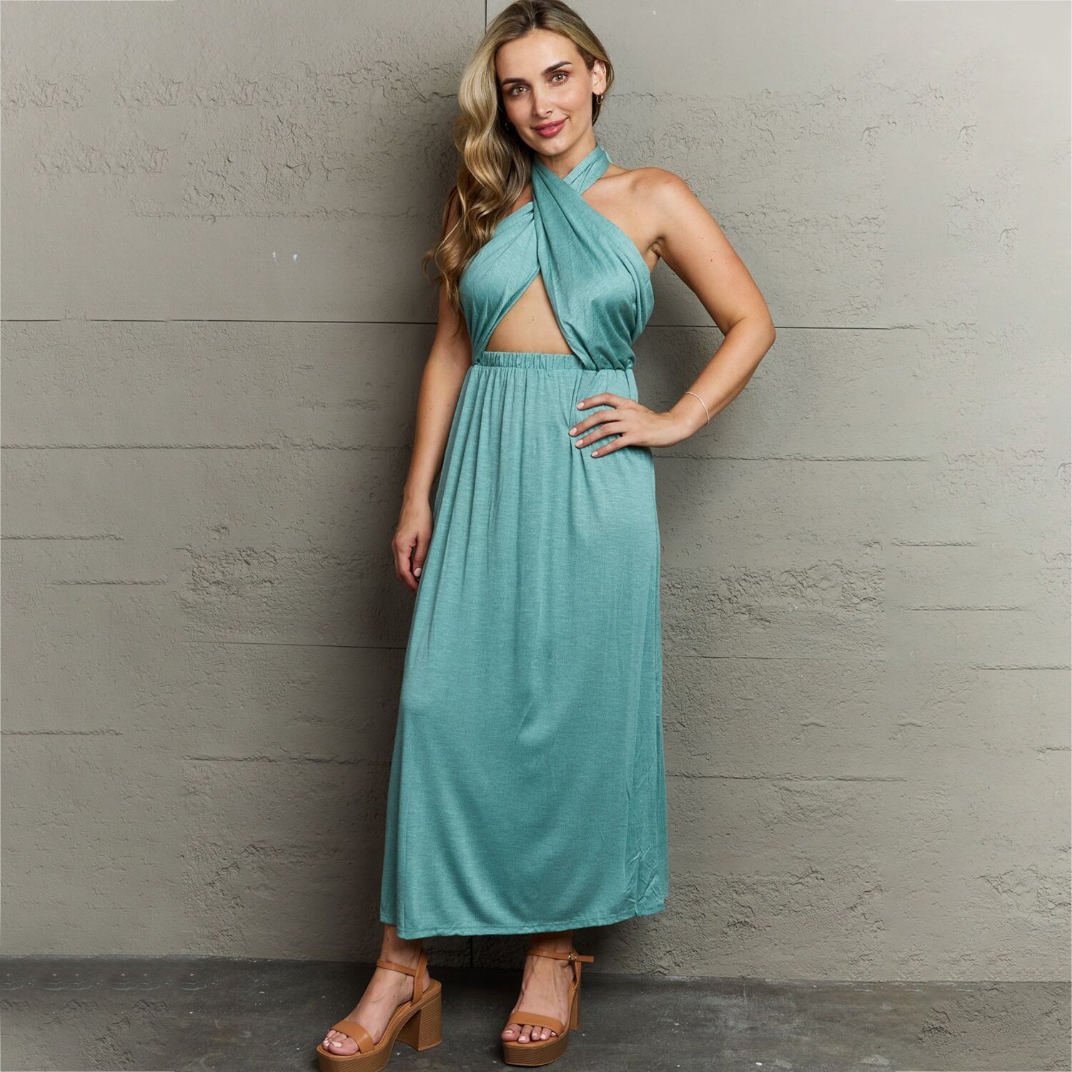 knee length dresses for ladies Floral Ruffle Criss-Cross Waist O-Ring Maxi Dress main image 0
