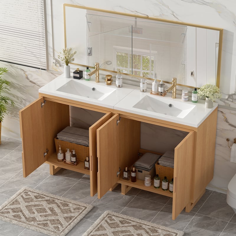 GDFStudio - Transitional Double Bathroom Vanity Set with Resin Sink, Soft Close Doors & Solid Wood Legs, Set of 2