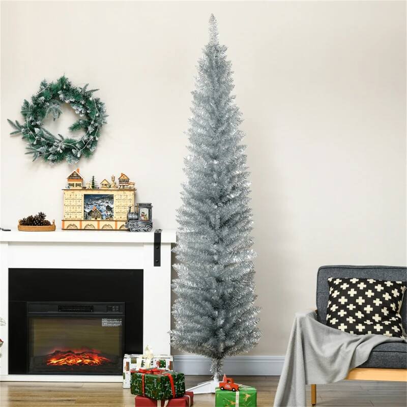 7 Foot Artificial Pencil Christmas Tree Unlit 499 Tips Slim Plastic Easy Assembly Flame Retardant Holiday Decor
