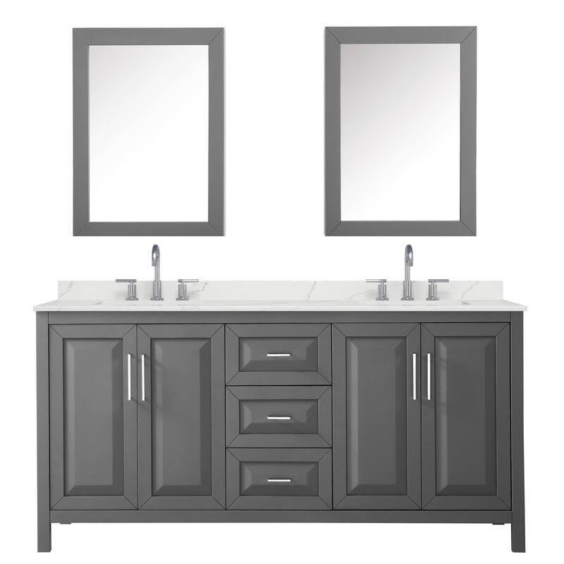 Daria 72-inch Double Vanity, 3 Hole Quartz Top, Med Cabinets
