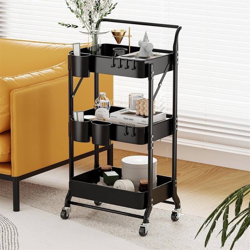 3 Tier Foldable Rolling Cart - 12"D x 17.9"W x 36.6"H