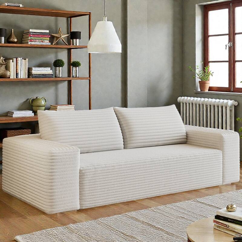 71" Corduroy 3-Seater Sofa, Deep Seat Comfy Couch with Wide Armrests, No-Assembly Soft Fabric Sofa for Living Room - White