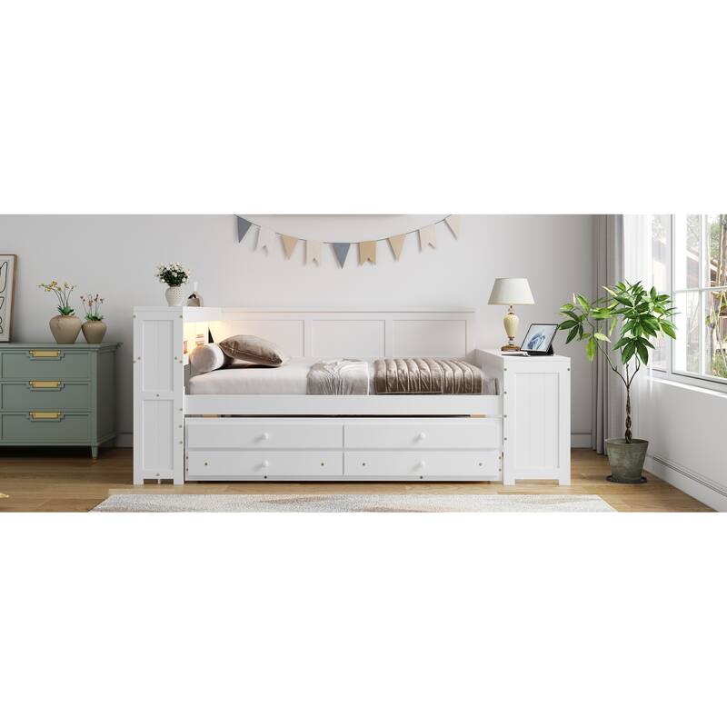Full Size Daybed with Storage Shelves, Drawers, Trundle, Charging Station, LED Light, Desk and Cabinet