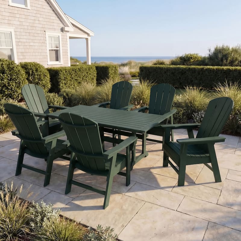 Laguna Hdpe All Weather Outdoor Patio Rectangular Adirondack Dining Chairs With Table (7-Piece Set) - Dark Green