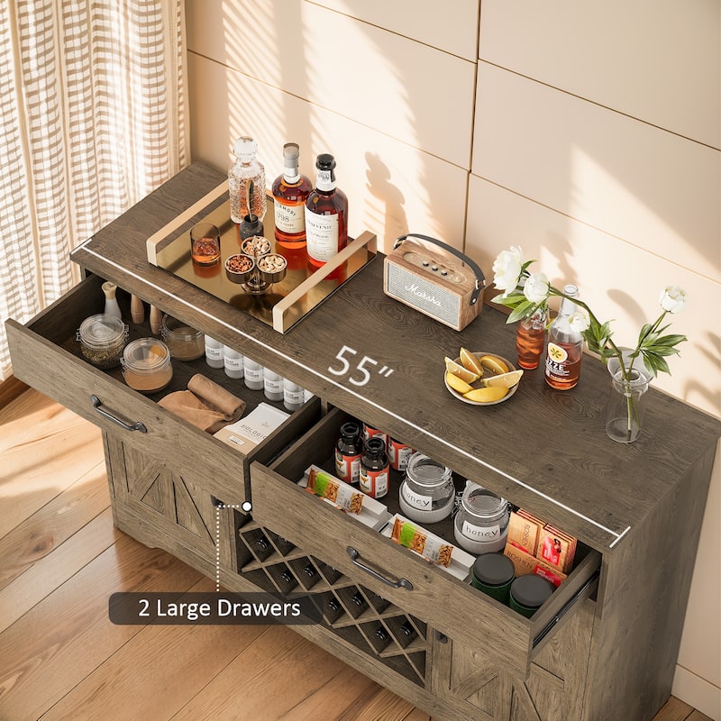 55'' Farmhouse Wine Bar Cabinet with Hutch & 10 Wink Racks