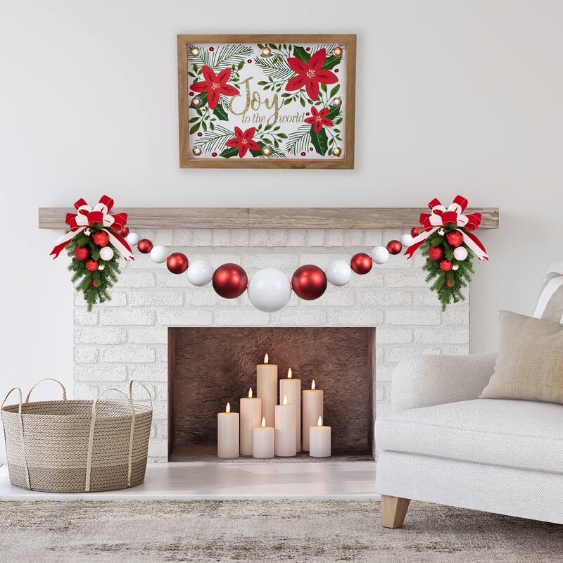 6' Red and White Shiny and Matte Shatterproof Ball Christmas Swag