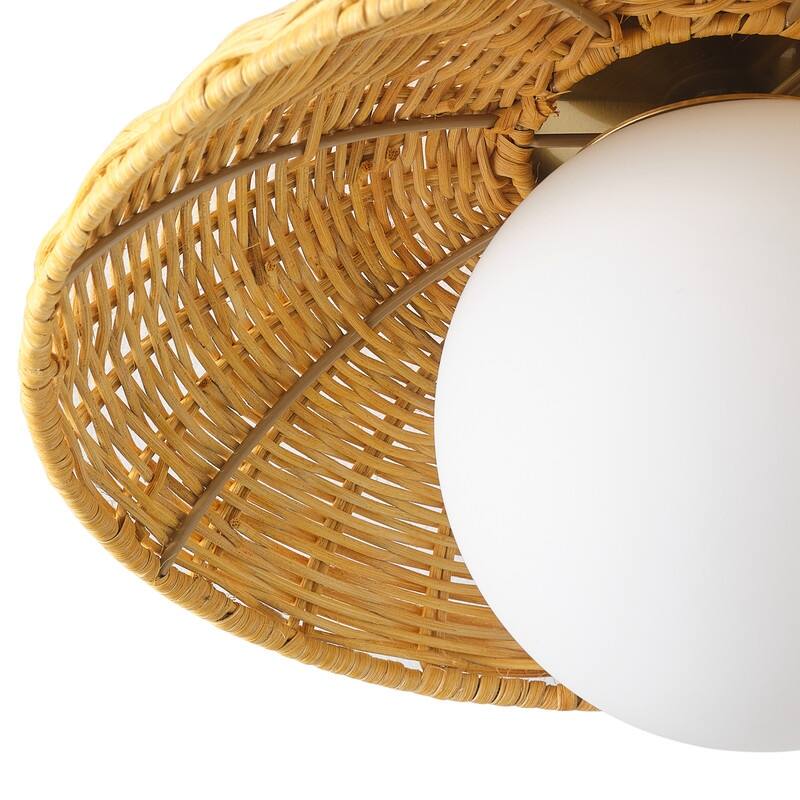 Farmhouse 1-Light Brass Semi-Flush Mount Ceiling Light with Handwoven Rattan Shade