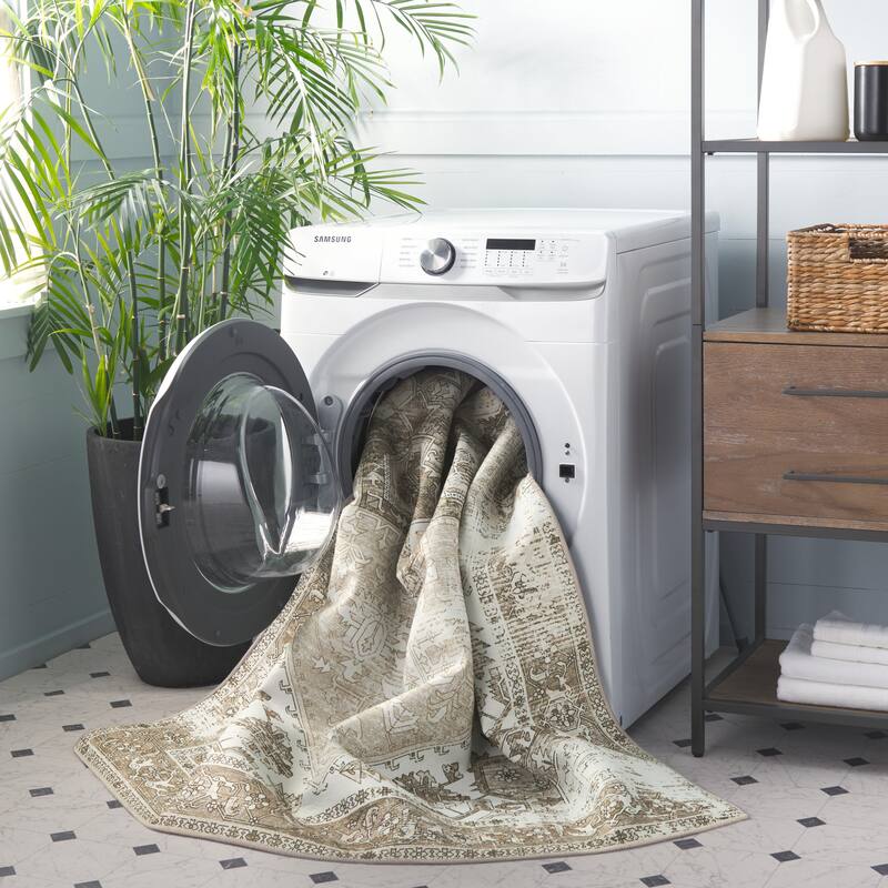 SAFAVIEH, Tucson Machine Washable Slip Resistant Therese Oriental Medallion - 2' 6" x 4' - Sage/Ivory