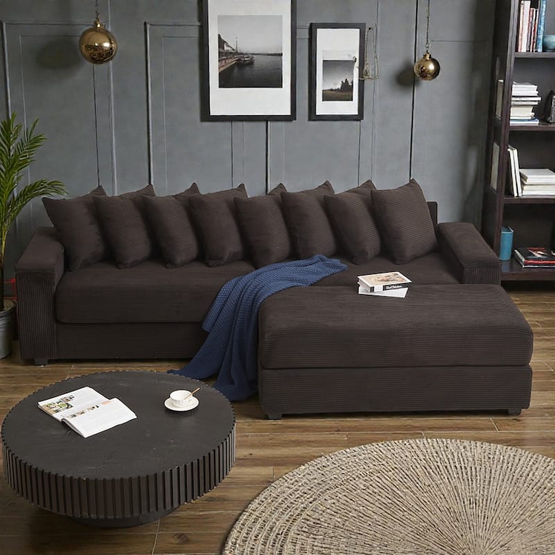 Oversized L Shaped Sectional Sofa with Chaise, Corduroy Upholstered Couch with Armrest Storage and Ottoman