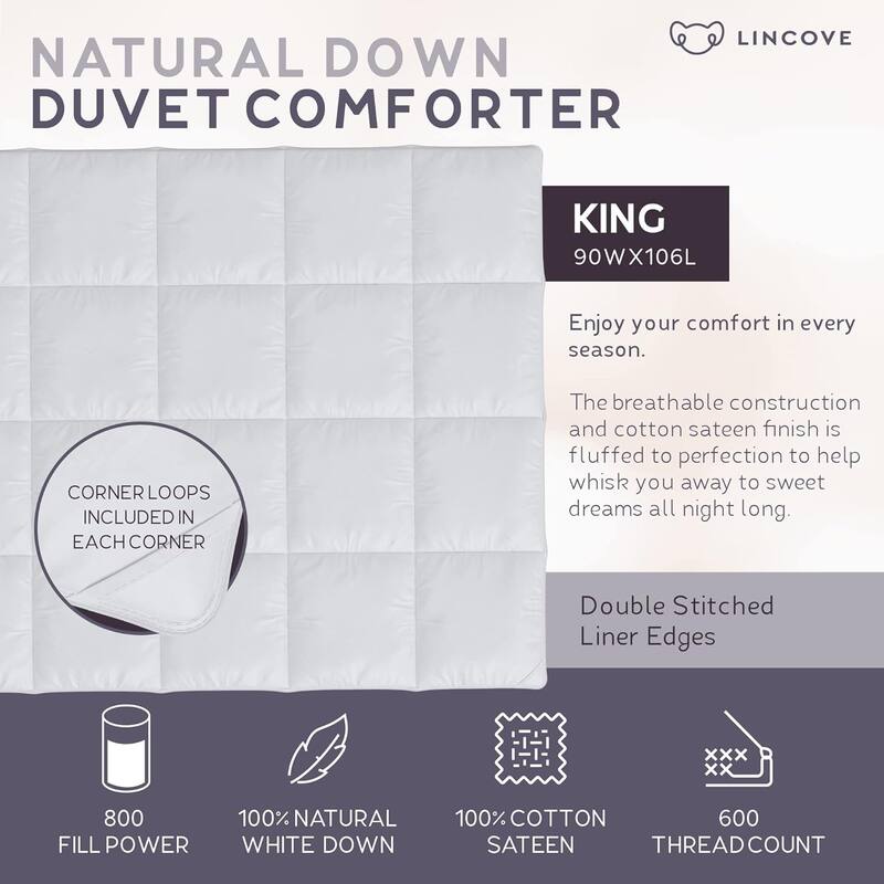 Lincove Down Alternative Comforter with 400 Thread Count 100% Cotton Sateen Shell and Corner Loops for Secure Fit