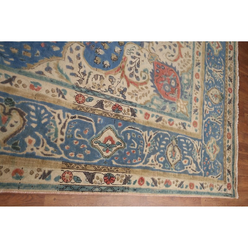 Tabriz Vintage Persian Area Rug Hand-Knotted Blue Wool Carpet - 9'10" x 13'5"