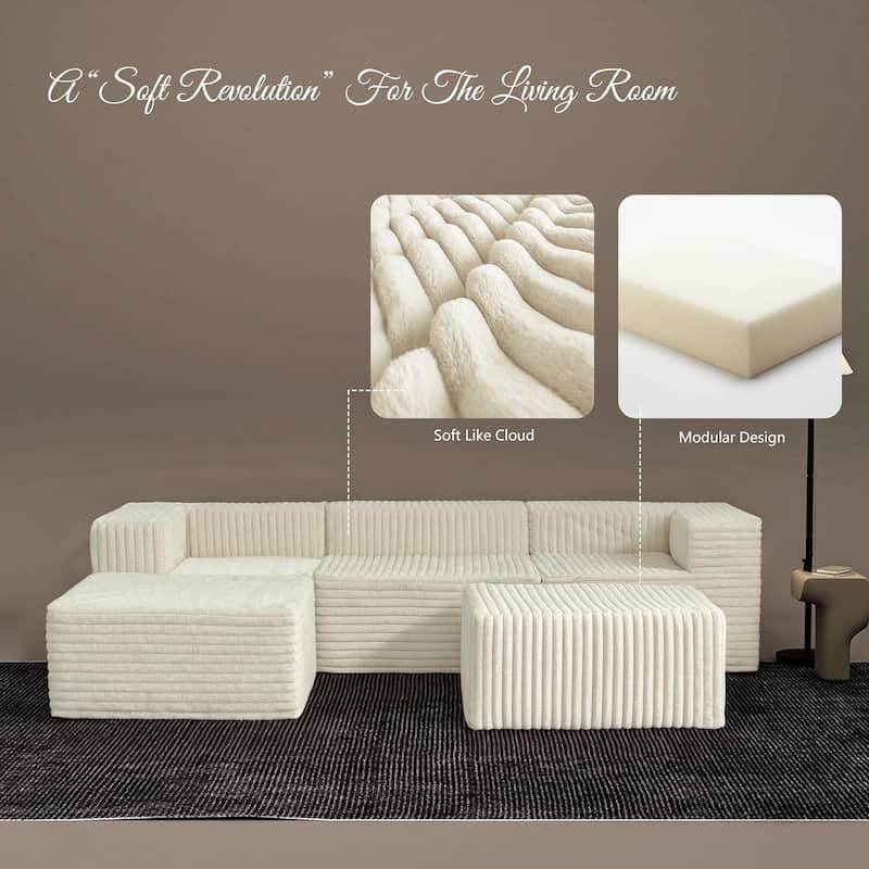 WOWMAX Oversized Sectional Boneless Couch For Living Room, 106 Inch Sleeper Modular Cloud Foam Couch, Plush Corduroy Cover