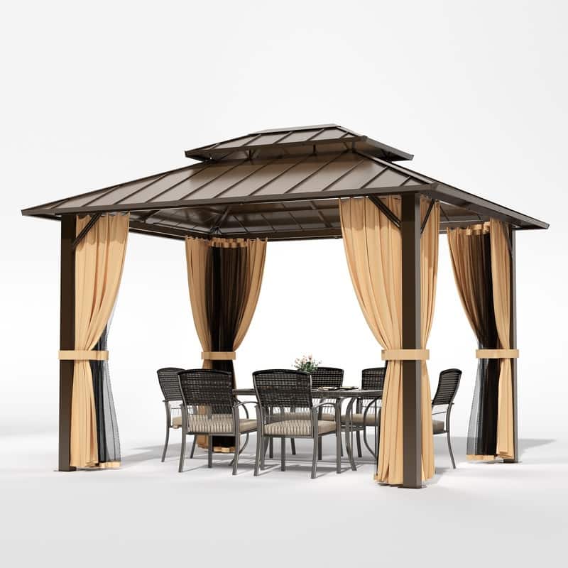 10'x12' Hardtop Gazebo Aluminum, Double Roof Canopy With Netting And Curtains
