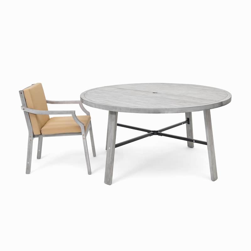 Roomfitters 6-Person Outdoor Wooden Dining Set with Umbrella Hole & Removable Cushions for Patio or Garden, Antique Gray