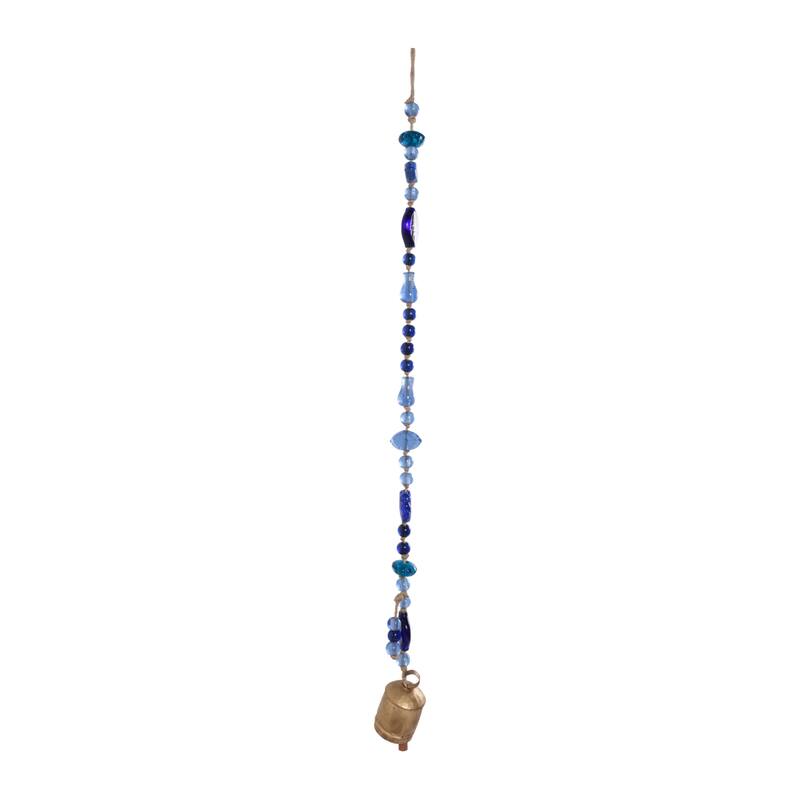 Glass Metal Wood Windchime Jute Beads Bell - 35" Gold/Blue - 2.5" x 2.5" x 35"