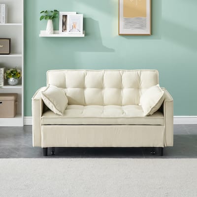 Beige Modern 54.3" Corduroy Loveseat Pull-out Sofa Bed with Adjustable Back and Pillows for Living Room