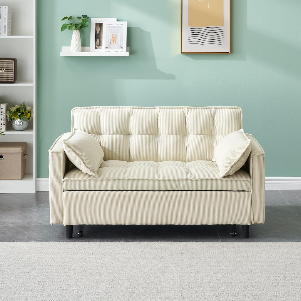 Beige Modern 54.3" Corduroy Loveseat Pull-out Sofa Bed with Adjustable Back and Pillows for Living Room