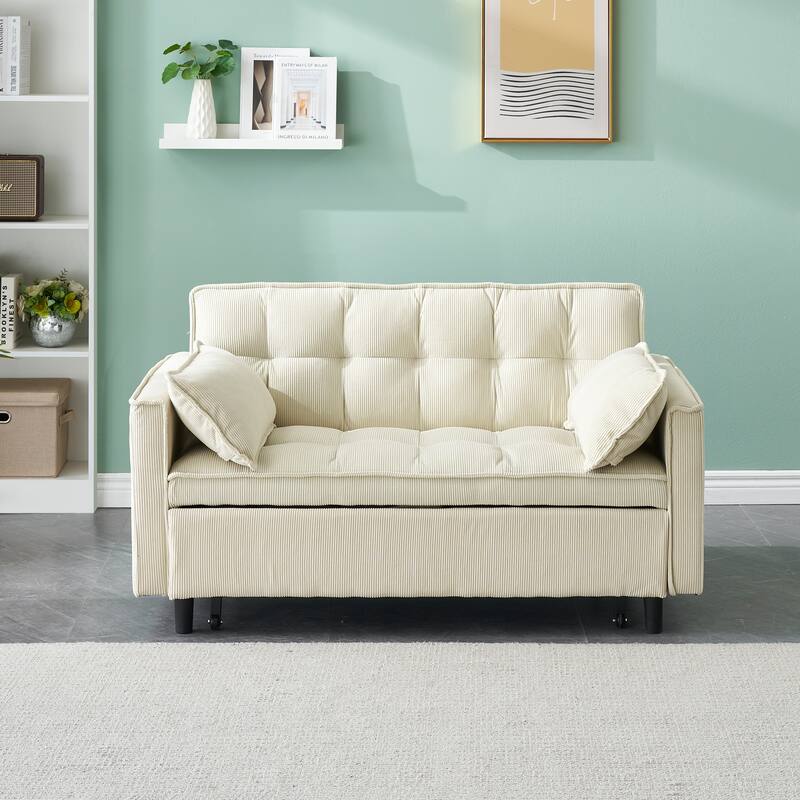 Corduroy Pull Out Loveseat Sofa Convertible Sleeper Love Seat Bed Adjustable Backrest Tufted Couch w2 Pillo & Pockets - Beige