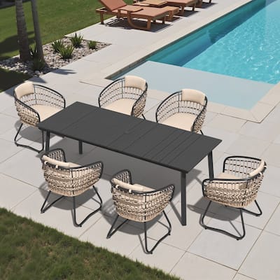7-Piece Outdoor Rectangle Patio Dining Table with Umbrella Hole and Cushioned PE Rattan Chairs
