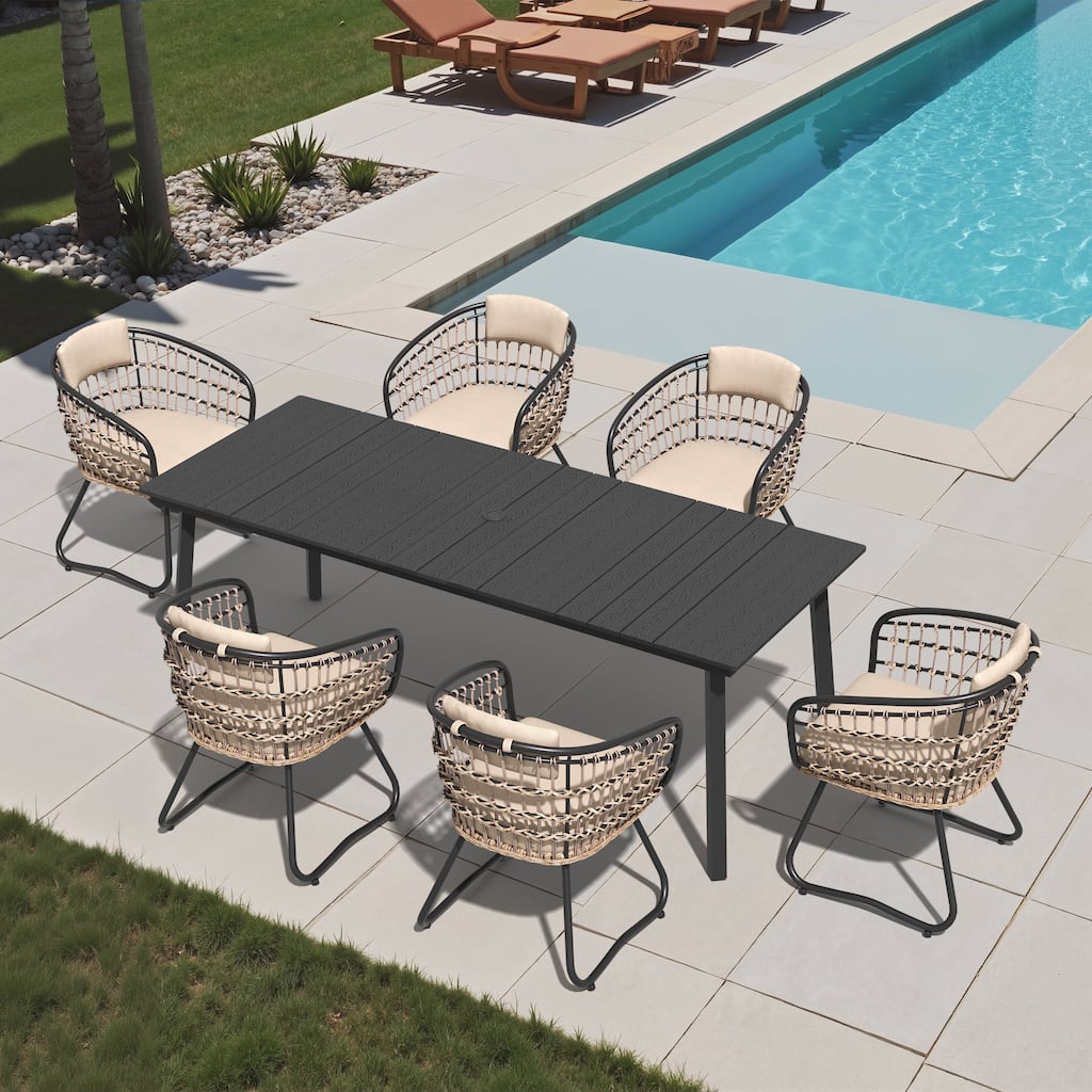 7-Piece Outdoor Rectangle Patio Dining Table with Umbrella Hole and Cushioned PE Rattan Chairs