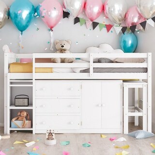 Modern Twin Size Low Loft Bed With Pull-Out Desk,Drawers,Cabinet and Shelves