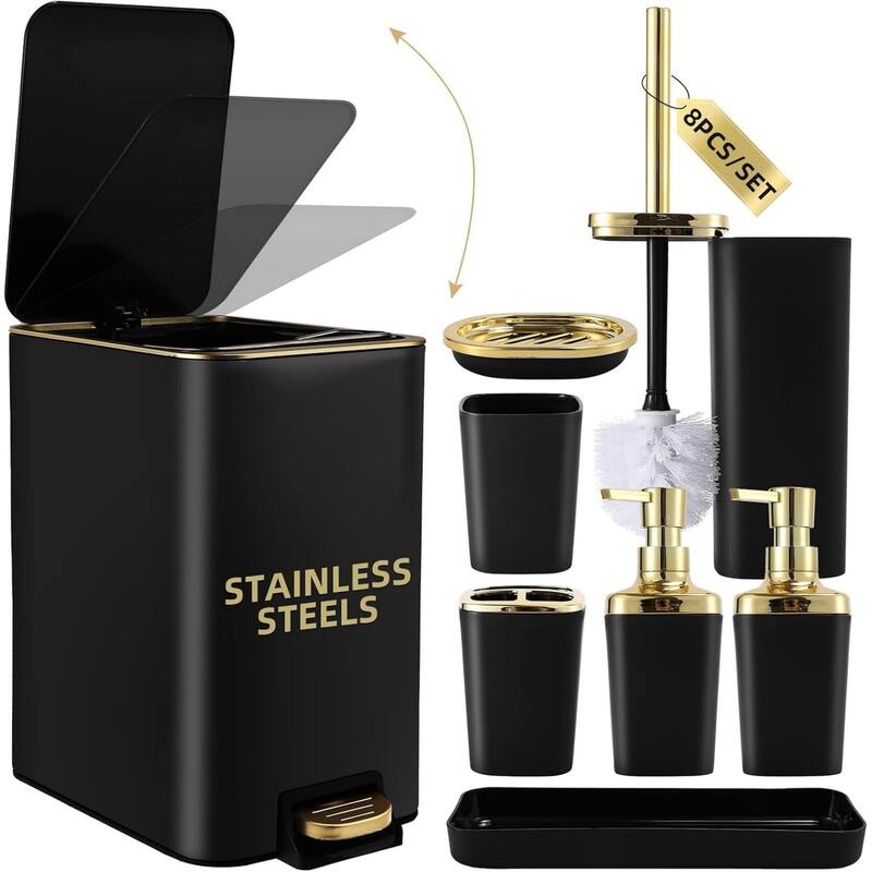 8-piece bathroom set with stainless steel trash can, toilet brush, toothbrush set, soap dispenser - Black