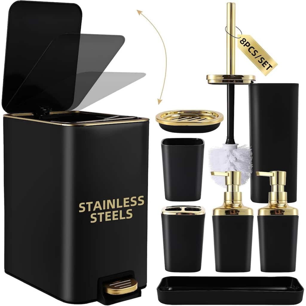 8-piece bathroom set with stainless steel trash can, toilet brush, toothbrush set, soap dispenser