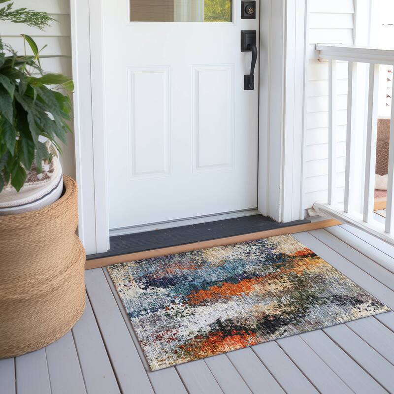 Machine Washable Indoor/ Outdoor Contemporary Abstract Chantille Rug - Blue - 1'8" x 2'6"