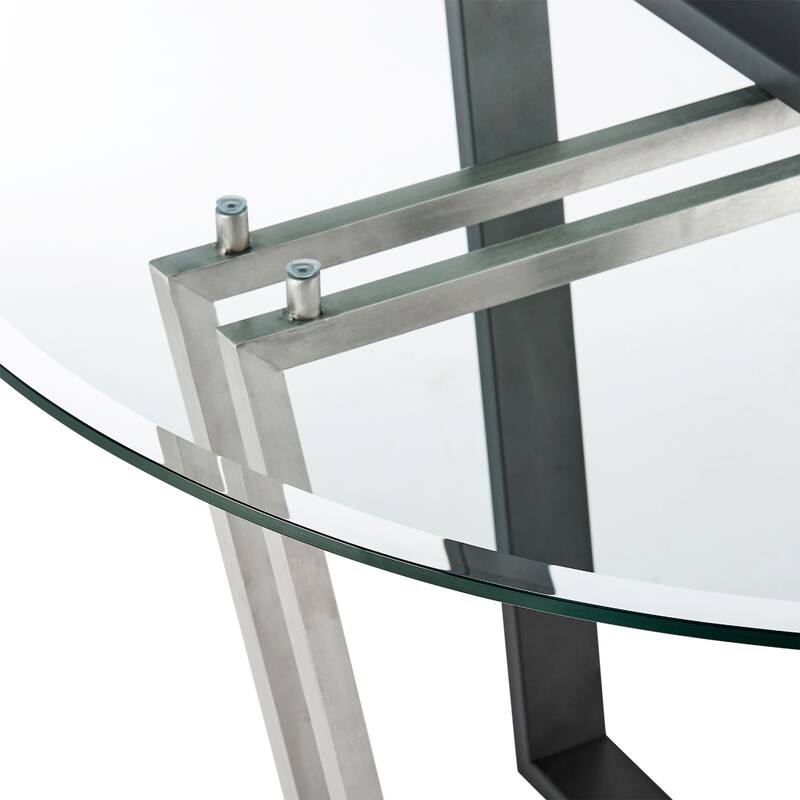 Sanaya Dining Table, 48 Inch Glass Top, Silver Steel, Black Iron - Black, Silver, Clear