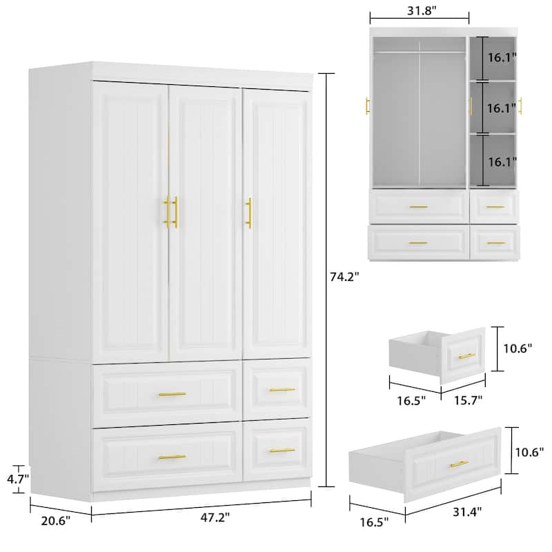 Modern Freestanding Wardrobe Armoire Closet High Cabinet Storage White - 93.7"H
