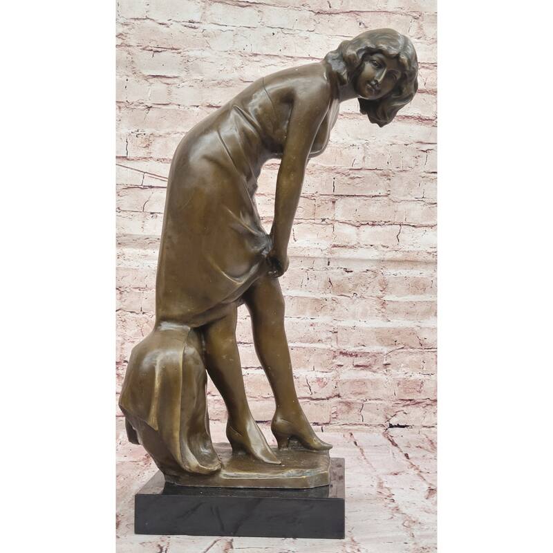 Elegant Bronze Sculpture Of Woman Adjusting Dress – Graceful Figurine On Marble Base