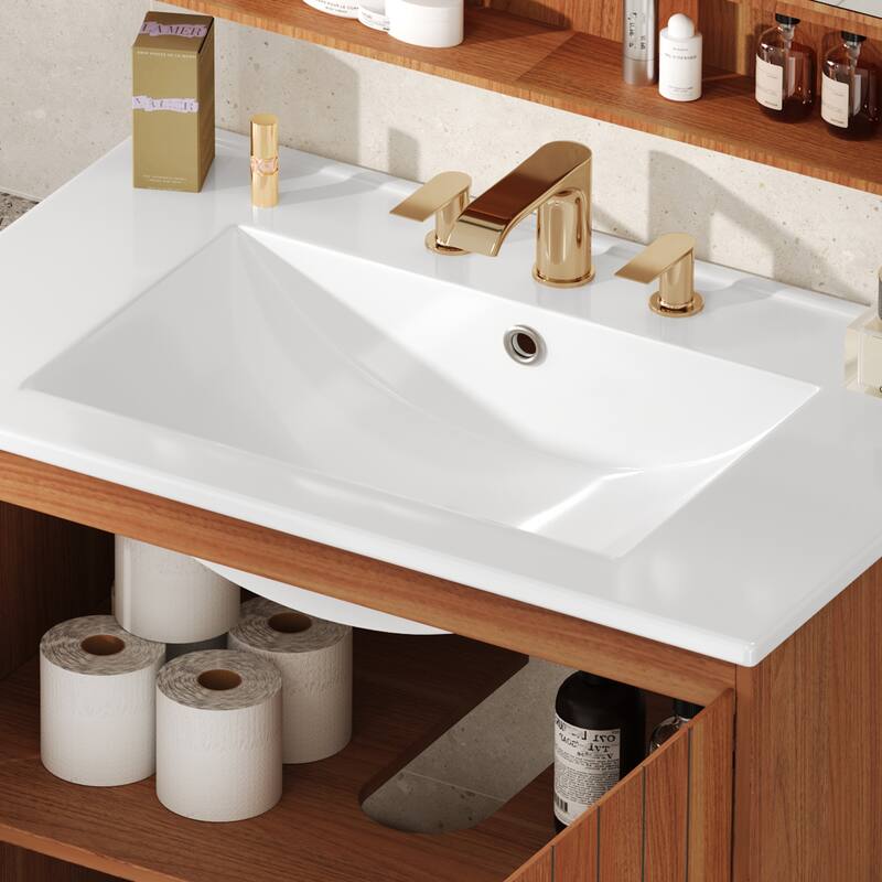 Roomfitters 30" Modern Bathroom Vanity with Ceramic Sink, Minimalist Cabinet with Vertical Stripe Design, Antique Natural