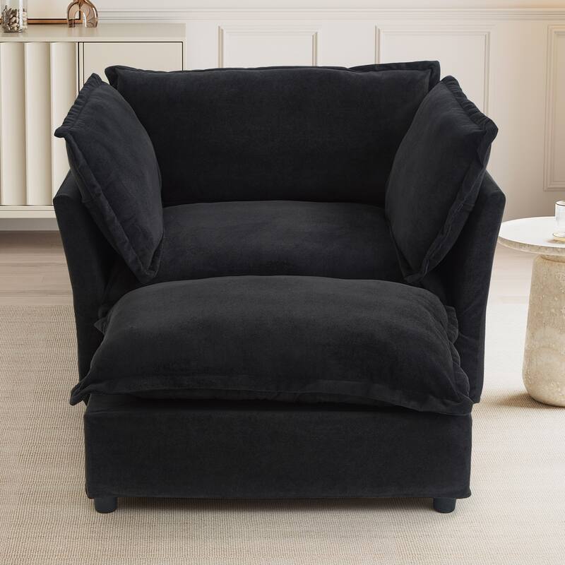 47" Cozy Upholstered Armchair with Movable Ottoman, Wide Seat, Curved Armrests and Soft Pillows