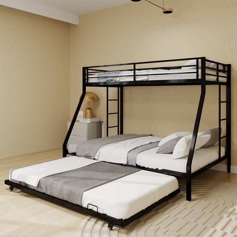 High - Stability Square Tube Bunk Bed, Featuring Ladder & Rolling Trundle, Modern Minimalist Look, Queen