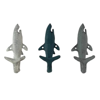 Set Of 3 Imitation Shark Wall Hooks In Blue, Gray, White Perfect For Nautical - 1.75 X 5.25 X 2.25 inches