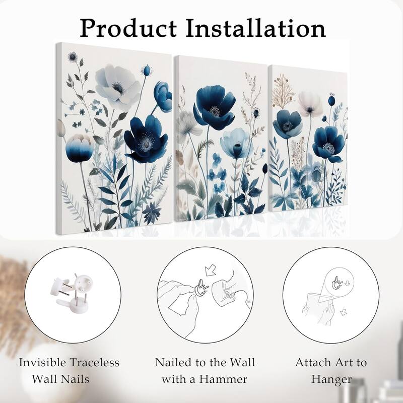 Elegant Navy Blue Wildflower Lily Daisy Art Wall Decor