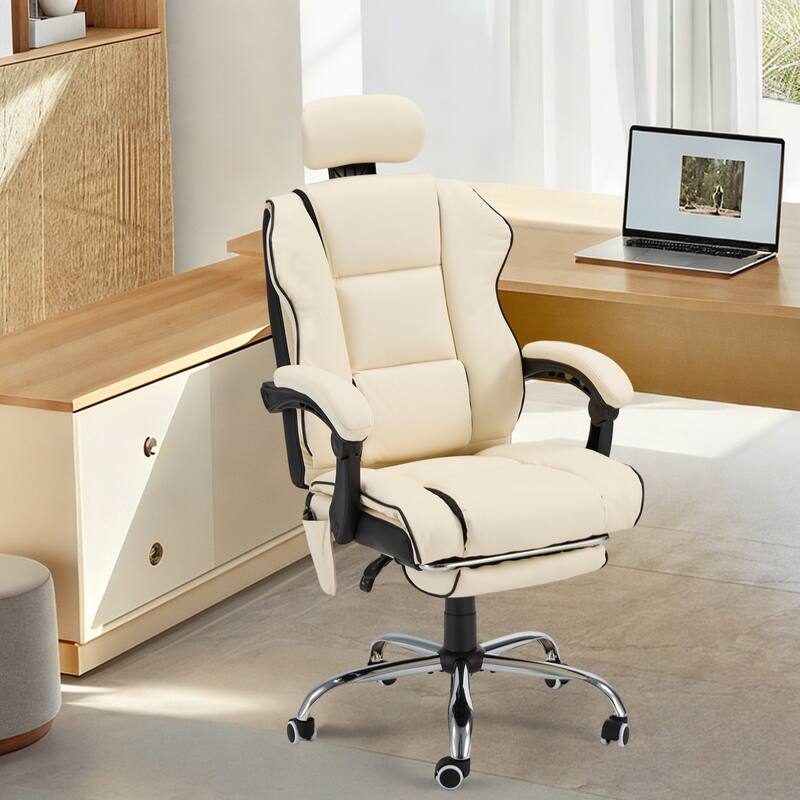 EROMMY Ergonomic Gaming Chair with Adjustable Footrest, Reclining Backrest and Massage, Heated Office Chair - Beige