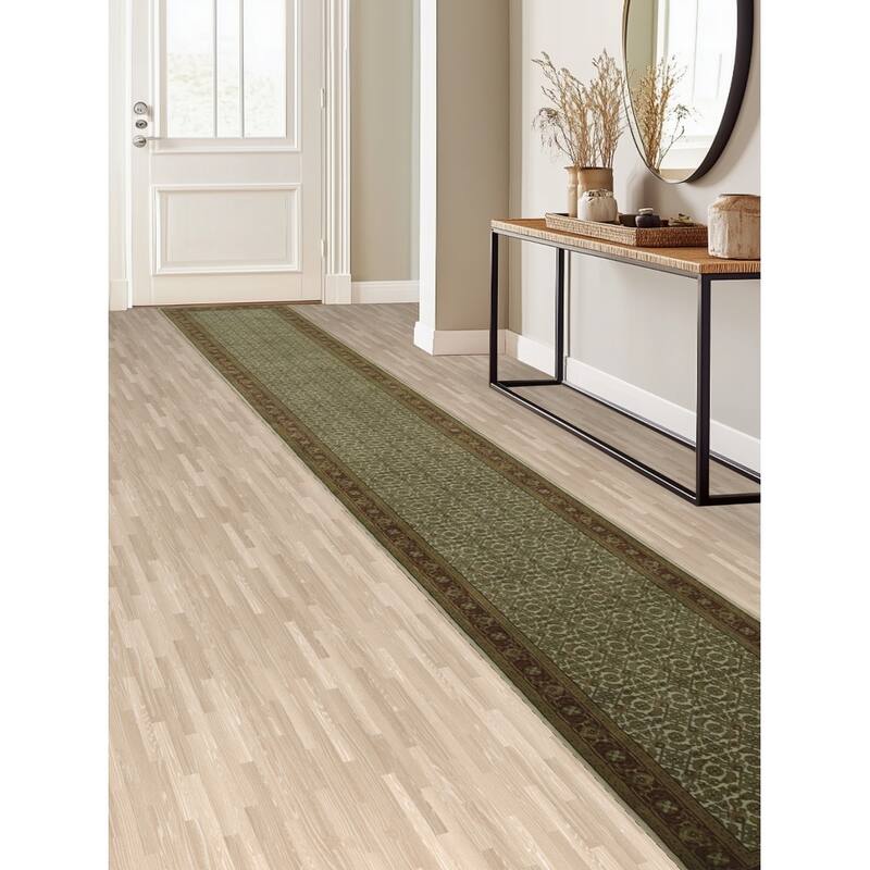 Hand Knotted Oriental 100% Wool Carpet Traditional All-Over Green Tabriz Runner Rug - 17' 4'' X 2' 8''