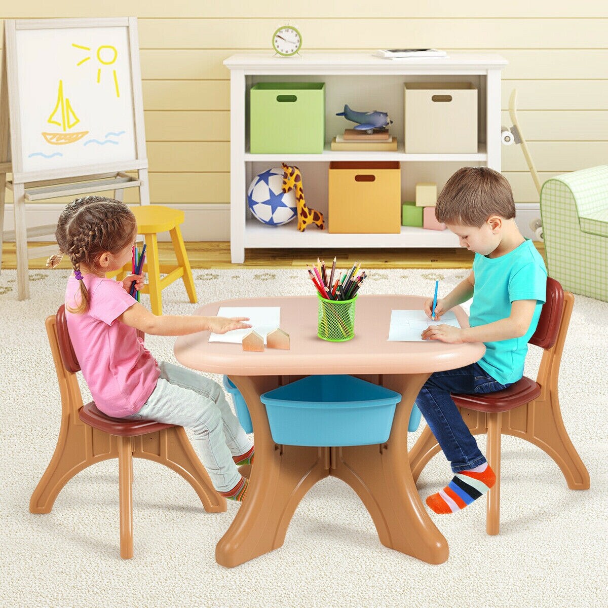 Toddler Table and 2 Chair Set Kids w/Storage Bins Activity Organizer Playroom 