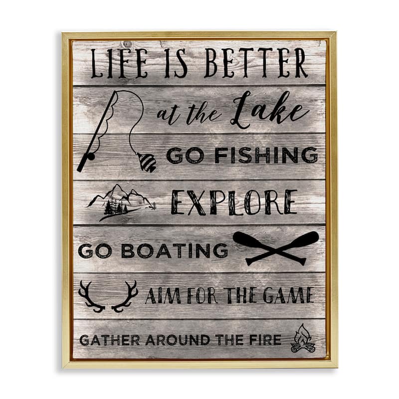 Stupell Lake Activities & Phrases Framed Floater Canvas Wall Art Design By CAD Designs - 17 x 21 - Gold