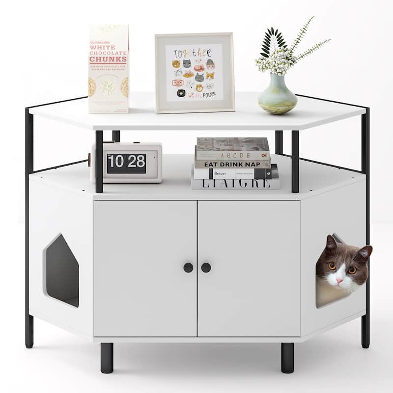Corner Cat Litter Box Enclosure with Open Shelf 2 Entrances and Metal Legs - 41.5" x 20" x 29"