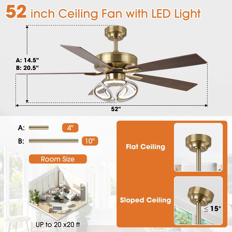 52" Modern Gold Smart Dimmable RGB Ceiling Fan with Light and Remote and App Control