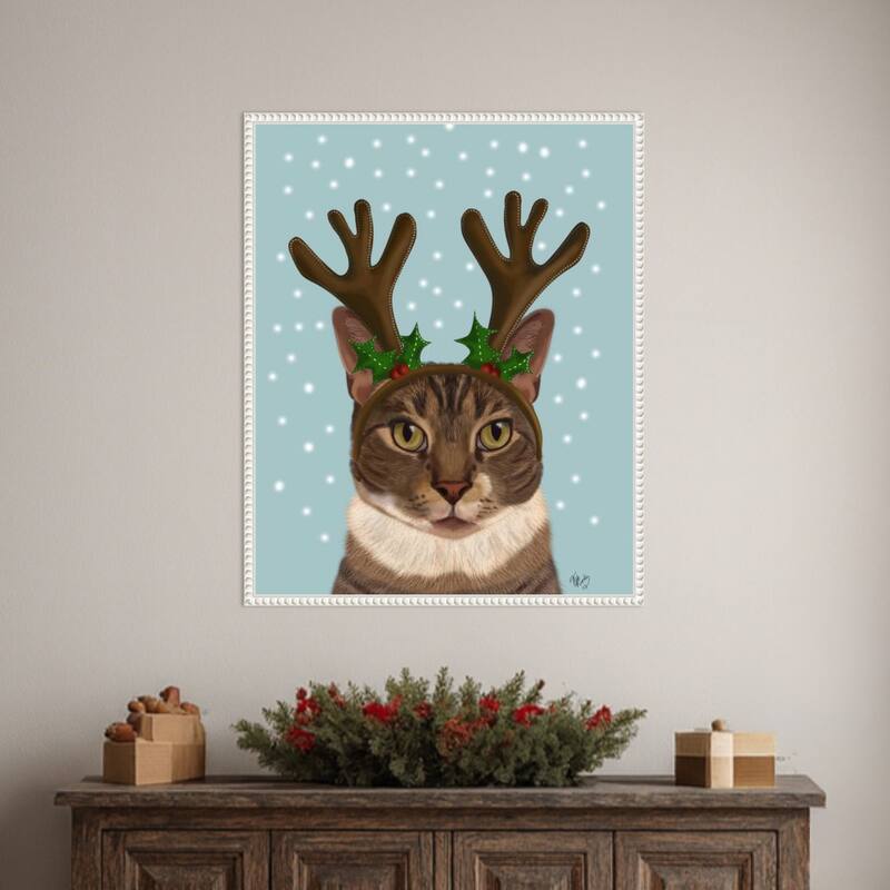 Calico Cat and Antlers by Fab Funky (23 x 28 in.), Framed Canvas Wall Art Print - Sylvie Beaded White