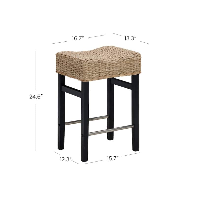 Harvey Rattan Bar Stool, Bohemian Counter Height Stool with Woven Seagrass Seat, Solid Wood Legs, and Metal Footrest